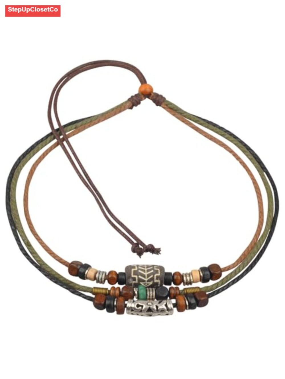 Boho Multi-Strand Hemp Cord Choker Necklace with Beads, Adjustable